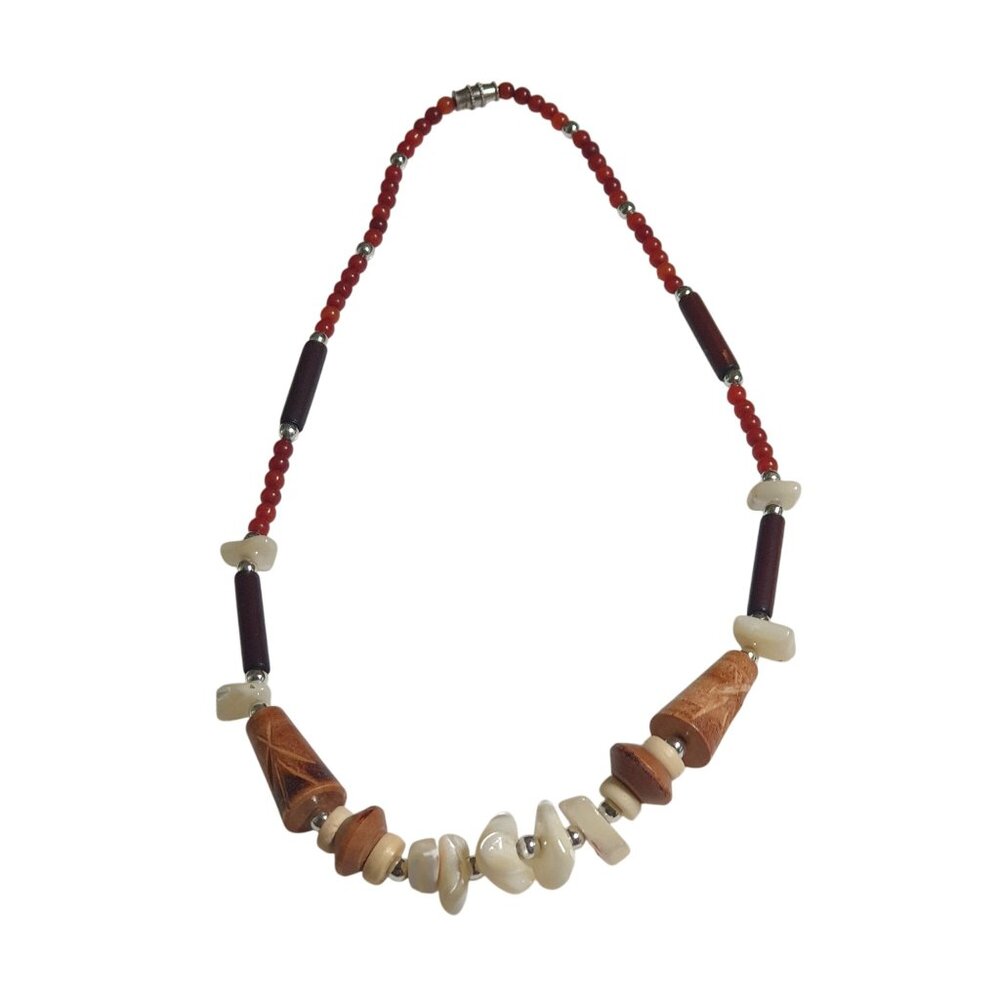 Unique Handmade Natural Beaded Necklace Red Wood Shell Vintage Boho Beach Core